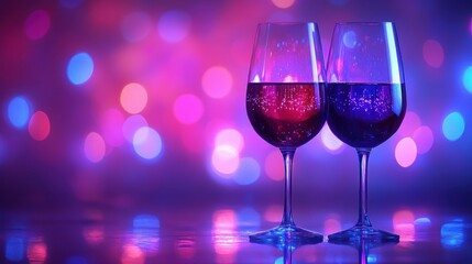 Romantic Evening: Two Glasses of Sparkling Wine under Neon Lights