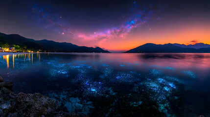 Fototapeta premium Panoramic Night Sky Over Coastal Water Reflection Illuminated with Milky Way Galaxy and Glowing Lights