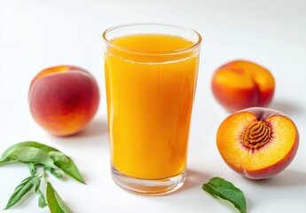 Fresh Peach Juice in Glass Surrounded by Ripe Peaches and Green Leaves on White Background, Vibrant Colors and Refreshing Summer Vibes