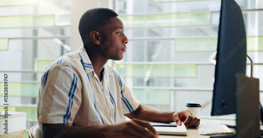 Poster computer, black man and thinking in office, journalist planning and online for reading info. profile
