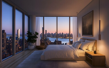 Naklejka premium Luxury Bedroom with City Skyline View at Night