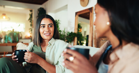 Advice, coffee and friends with women on sofa for bonding, relax and social reunion. Discussion, caffeine and drink with people talking in living room at home for chat, news and connection together