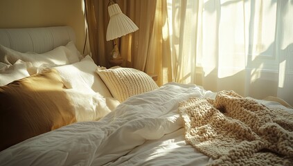 Sunlit bedroom, cozy bed, morning light, window view, relaxation