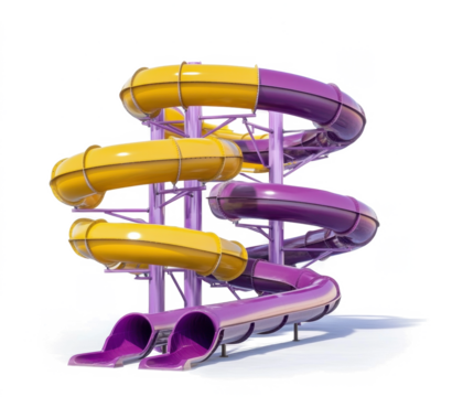 Yellow purple Water Slide Amusement Park. Aquapark pipe. Water park aquapark slide spiral pipeline tunel 

