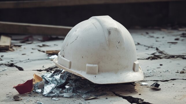 Damaged hardhat on cracked concrete with scattered debris symbolizing workplace accident or construction failure in a deteriorating environment