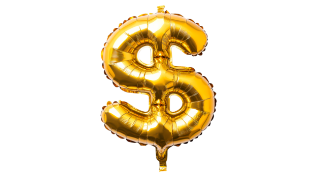 Dollar sign balloon shape, golden color on background, cut out transparent