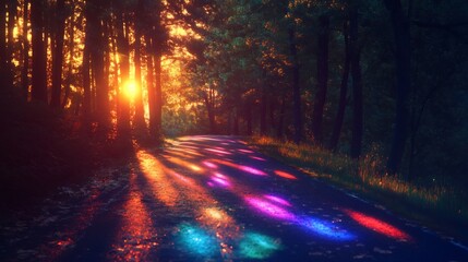 Holographic reflections a forest road at sunset ultra detailed light patterns futuristic yet natural aesthetic hyper realistic environment high fidelity textures 8k resolution