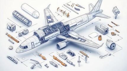 Detailed schematic illustration displaying the internal components of an airplane