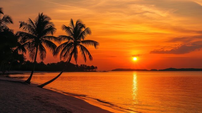 Tropical Beach Sunset with Palm Trees