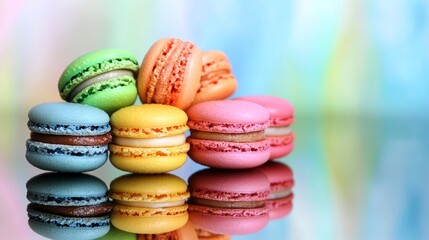 Colorful assortment of macarons stacked on a mirrored surface with a blurred background creating a vibrant and eye-catching dessert composition 