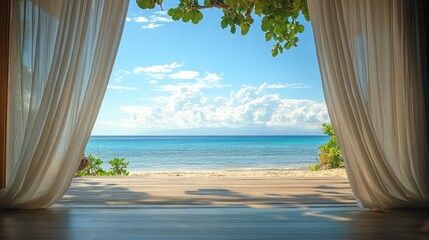 Tropical Beach View Through Open Curtains