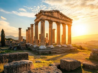 Obraz premium Ancient ruins with towering columns and golden hour lighting with space for text below