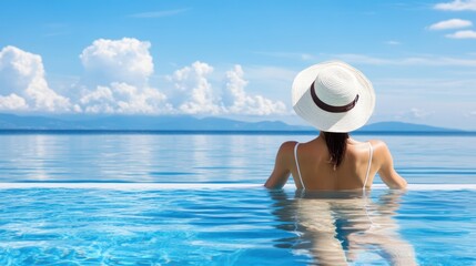 Woman poolside ocean view relaxation vacation