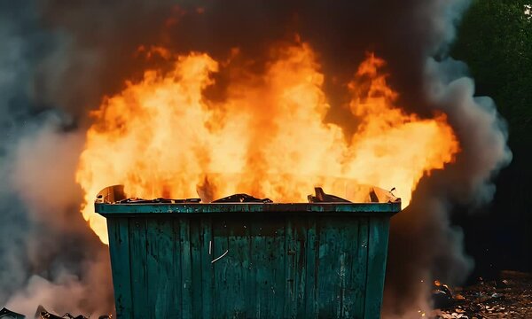 A dumpster engulfed in flames, billowing thick black smoke against a backdrop of blurred greenery