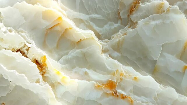 Close-up view of a textured stone surface with layers of translucent white and cream colors, featuring streaks of orange and brown. Mineral pattern texture. Macro science background.