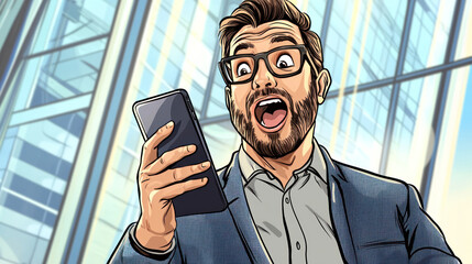 A surprised businessman with glasses reacts humorously while reading something on his phone in modern office setting