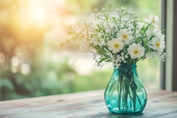 Vibrant floral bouquet in blue vase by sunny window