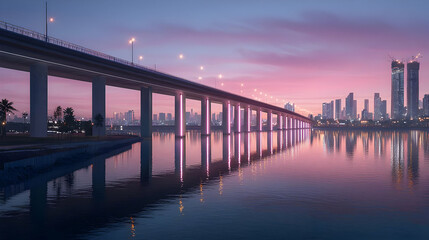 Fototapeta premium Elevated Bridge Spanning Water At Dusk With Pink And Purple Sky Illuminating Urban Skyline In Evening
