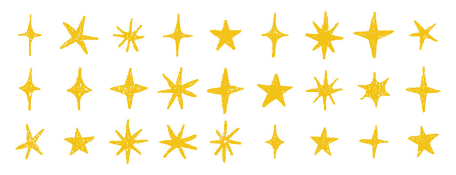 Naklejki gold chalk crayon doodle stars set. Shine and sparkle hand drawn drawing collection. Children style yellow wax pencil elements. Grunge texture star shapes.