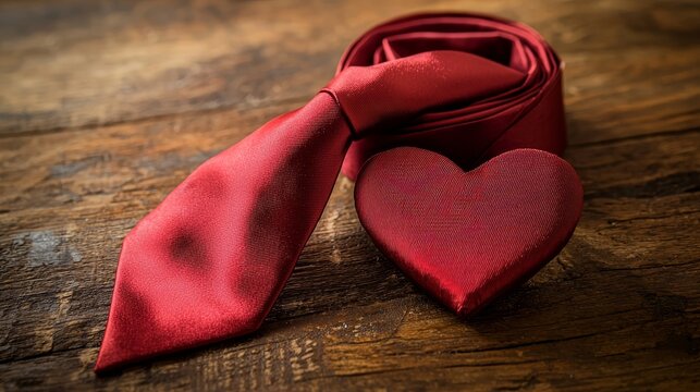 Valentine's day present in heart-shaped wrapping, paired with a crimson silk tie, placed on a worn rustic wood table, warm romantic ambiance, high detail