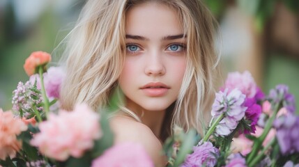 Fototapeta premium Woman portrait flowers pastel colors beauty concept