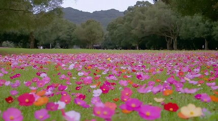 Vibrant cosmos flowers in a vast green field.