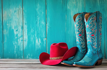 Red cowboy hat rests blue ornate embroidered boots on wood background. Western fashion clothes apparel, rustic country symbols for saloon, ranch party, line dance. Cowboy or cowgirl outfit. Wild west.
