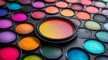 Colorful eyeshadow palette close-up; makeup, beauty, cosmetics