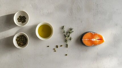 Minimalist flat-lay of omega-3 and healthy fat foods: fish fillets, pumpkin seeds, and olive oil, arranged on a smooth grey surface, clean modern style