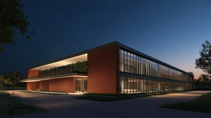 Fototapeta premium Modern Brick and Glass Building at Night 