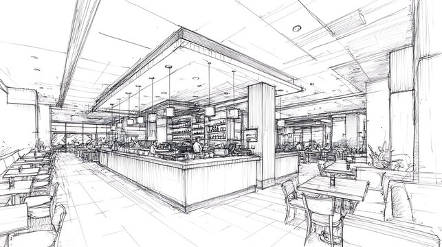 Restaurant interior design sketch.