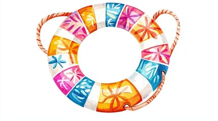 Fun summer accessory illustration featuring a lifebuoy with colorful patterns, lightly textured and isolated on white