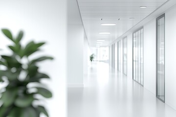 Fototapeta premium Modern bright office hallway with glass doors and plants.