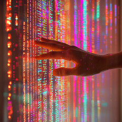 Hand interacting with digital data stream wall