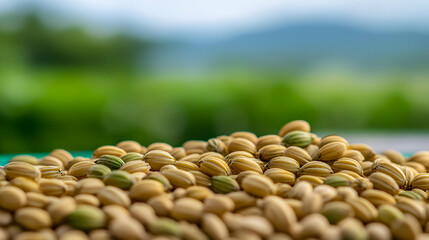 Close Up View of Seed Pile with Green and Yellow Tones with Blurred Green Background and Mountain View