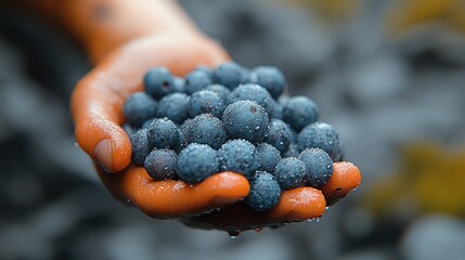 A hand holding freshly picked blueberries