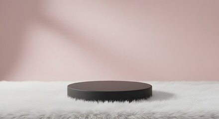 podium stand on a pink background and fur rug layout for product display