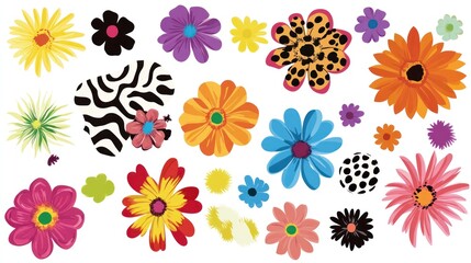 Colorful floral design; diverse flowers; white background; bright, cheerful; ideal for textile prints