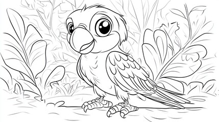 Obraz premium Cute cartoon parrot in jungle; coloring page; tropical background; kids activity