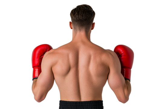 Muscular boxer with red gloves, back view, strength, isolated, cut out transparent
