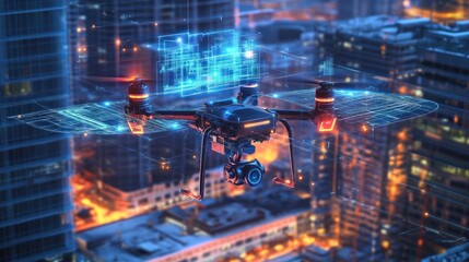 Drone capturing architectural blueprints in urban environment