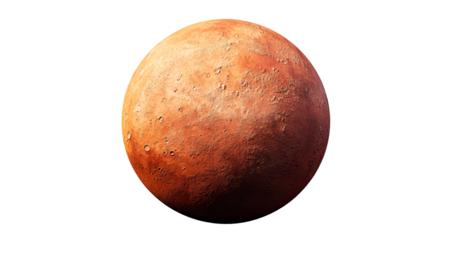 Detailed planet Mars surface, cratered landscape, solar system, cut out transparent