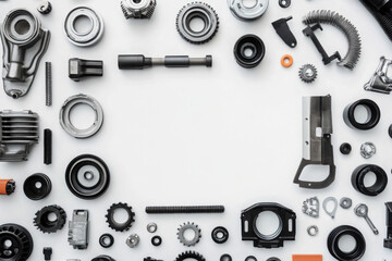 Car spare parts on a auto service white workbench top view background.
