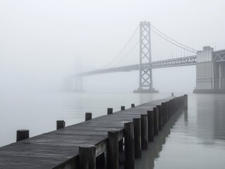 Obraz premium Bridge vanishing into fog with forced perspective and negative space on left