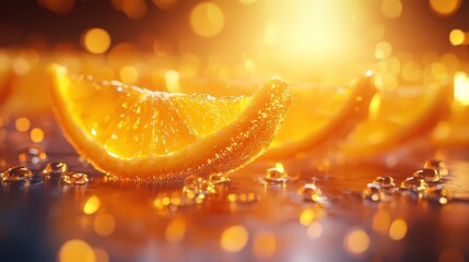 Close-up of juicy orange wedges with glowing effects, vibrant tones, high-tech hologram overlay, futuristic artistic vibe, ultra-realistic rendering