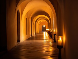 Fototapeta premium Candlelit hallway with arched ceiling and warm tungsten lighting with copy space below