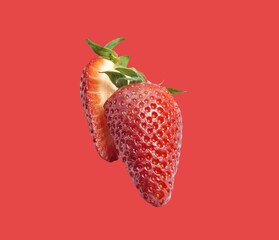 Fresh organic Strawberries on red background, food, object, fruits, slices of strawberries 