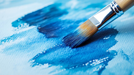 Closeup of paintbrush painting with wet watercolor paint abstract brushstrokes on textured watercolor paper many beautiful shades of blue art class creativity with copy space	