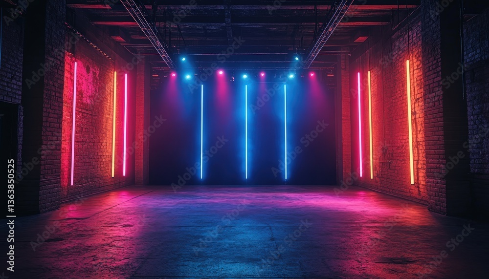 Poster dramatic industrial backdrop with neon lights creating a vibrant atmosphere suitable for performance
