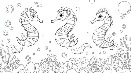 Three cartoon seahorses swim amidst coral; underwater scene for kids' coloring book